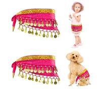 Baisdan 2 Pcs Belly Dance Hip Scarf for Kids Dogs, Belly Dance Skirt with Sequin Coin, Dog Costume for Halloween、Birthday Parties and Cosplay Rose red