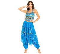 Baisdan 2 Piece Belly Dance Costume Set, Sequin Crop Top Harem Pants Set for Arabian Indian Halloween Carnival Dance Performance Sky Blue