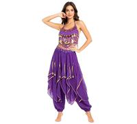 Baisdan 2 Piece Belly Dance Costume Set, Sequin Crop Top Harem Pants Set for Arabian Indian Halloween Carnival Dance Performance Purple
