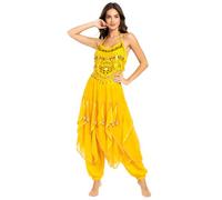 Baisdan 2 Piece Belly Dance Costume Set, Sequin Crop Top Harem Pants Set for Arabian Indian Halloween Carnival Dance Performance Yellow