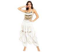 Baisdan 2 Piece Belly Dance Costume Set, Sequin Crop Top Harem Pants Set for Arabian Indian Halloween Carnival Dance Performance White