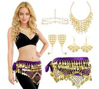 Baisdan 7 Pcs Belly Dance Jewelry Set, Belly Dance Hip Scarf with Gold Coins, Head Chain, Necklace, Earrings, Bracelets Accessories for Halloween Carnival Cosplay