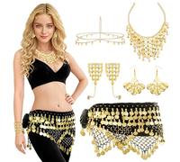 Baisdan 7 Pcs Belly Dance Jewelry Set, Belly Dance Hip Scarf with Gold Coins, Head Chain, Necklace, Earrings, Bracelets Accessories for Halloween Carnival Cosplay