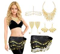 Baisdan 7 Pcs Belly Dance Jewelry Set, Fortune Teller Costume, Belly Dance Hip Scarf with Gold Coins, Sequin Head Chain, Necklace, Earrings, Bracelets Accessories for Halloween Carnival