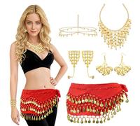 Baisdan 7 Pcs Belly Dance Jewelry Set, Fortune Teller Costume, Belly Dance Hip Scarf with Gold Coins, Sequin Head Chain, Necklace, Earrings, Bracelets Accessories for Halloween Carnival