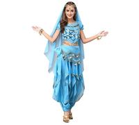 Baisdan Belly Dance Costume for Women Sequin Top Harem Pants Hip Scarf Head Scarfs Set Carnival Halloween Professional Outfit Light Blue
