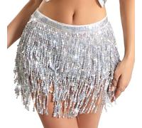 Baisdan Belly Dance Dancer Costume Sequin Tassel Fringe Hip Scarf Belt Waist Wrap Skirt Silver