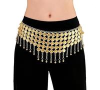 Baisdan Coins Belly Dance Hip Scarf, Adjustable Waist Belly Dance Skirt Chain Belt with Tassel for Halloween Costume Accessory Gold