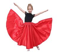 Baisdan Girls Belly Dance Skirt Shiny Satin Full Long Skirt for Belly Dance Flamenco Performance Costume Red