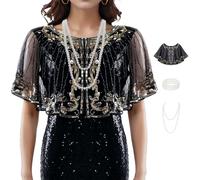 Baisdan Women's 1920s Shawl Wraps, Sequin Beaded Evening Cape Faux Pearls Necklace Bracelet Set for Wedding Party Bridal Shawl Evening Cape Flapper Cover Up Black gold