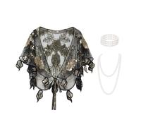 Baisdan Women's 1920s Shawl Wraps, Sequin Beaded Shawl Wraps Evening Cape Scarf Faux Pearls Necklace Bracelet Set for Evening Dresses Wedding Party Black gold