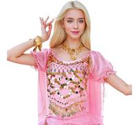Baisdan Women's Belly Dance Top Short Sleeves Dance Top with Coin Belly Dancer Costume Pink