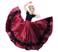 Baisdan Women's Layered Ruffle Satin Belly Dance Skirts for Spanish Bull Flamenco Mexican Dancing Skirt Dark Red