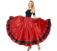 Baisdan Women's Layered Ruffle Satin Belly Dance Skirts for Spanish Bull Flamenco Mexican Dancing Skirt Red