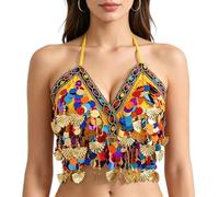 Baisdan Women's Sequin Halter Crop Top with Gold Shell Tassels, Festival Outfit for Rave Parties, Carnivals and Belly Dance Performances