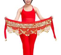Baisdan Women's Sweet Belly Dance Hip Scarf, Belly Dance Skirt Wrap Gold Coins Costume Red