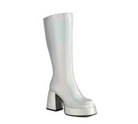 BAISOILIHA Women's Chunky Heel Platform Side Zipper GO GO Boots 1960s & 1970s Retro Soft Fur Lining Comfortable Stylish Knee High Boots for Women Ladies Girls Silver Size 7.5