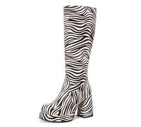 BAISOILIHA Women's Retro Leopard Platform Knee High Boots Faux Leather Chunky heel Round Toe Tall Boots animal-print High Heeled Boots for Women Ladies Girls White Size 7