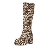 BAISOILIHA Women's Retro Leopard Platform Knee High Boots Faux Leather Chunky heel Round Toe Tall Boots animal-print High Heeled Boots for Women Ladies Girls Apricot Size 6
