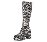BAISOILIHA Women's Retro Leopard Platform Knee High Boots Faux Leather Chunky heel Round Toe Tall Boots animal-print High Heeled Boots for Women Ladies Girls Black Size 7