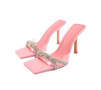 BAISOILIHA Women's Soft Vinyl Mules Rhinestone Braided Strap Square Toe High Heel Modern Elegance for Casual or Formal Wear Sandals for Women Ladies Girls Pink Size 7.5