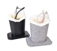 Baitaihem Pack of 2 Plush Lined Eyeglasses Holder Stand Protective Glasses Case For Desks Or Nightstands, Canvas(gray)+leather(black), 4.6''x 3.5''x 4.8'', (MH04HBW)