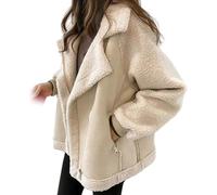 Baitang Korean Vintage Crop Jacket,Women's Fuzzy Fleece Jacket,Long Sleeve Zip Up Sherpa Coat,Notch Lapel Fuzzy Fleece Jacket Coat,Women's Warm Winter Bomber Jacket (Beige,S)