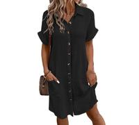 Baitang Women's Black Cotton/Linen Shift Dress, Mini, Button Down Collar, Mid Waist, Solid, Short Sleeve, Loose Fit, Casual, Party, Size M