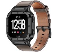 BAITEYOU Leather Bands with Stainless Steel Case Compatible with Fitbit Versa 1 2 3 4 Lite, Fitbit Versa Lite/Fitbit Sense 2/ Fitbit Sense Band, Protective Case Smartwatch Straps Wristbands Men women