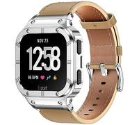 BAITEYOU Leather Bands with Stainless Steel Case Compatible with Fitbit Versa 1 2 3 4 Lite Sense 2 1 Protective case for men