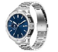 BAITEYOU Stainless Steel Bands with Case Compatible with Samsung Galaxy Watch 7 44mm, Rugged Protective Case Cover and Metal Band for Samsung Galaxy Watch 7 44mm for Men (Silver)