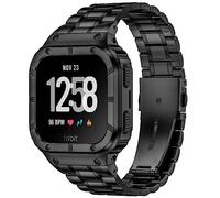 BAITEYOU Stainless Steel Watch Band with Case Compatible for Fitbit Versa 4 3 2 1 Lite,Fitbit Sense 2/Sense Bands, Rugged Protective Bumper Metal Wristbands for Men Black