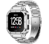 BAITEYOU Stainless Steel Watch Band with Case Compatible for Fitbit Versa 4 3 2 1 Lite,Fitbit Sense 2/Sense Bands, Rugged Protective Bumper Metal Wristbands for Men Silver