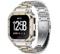 BAITEYOU Stainless Steel Watch Band with Case Compatible for Fitbit Versa 4 3 2 1 Lite,Fitbit Sense 2/Sense Bands, Rugged Protective Bumper Metal Wristbands for Men (Silver and Gold)