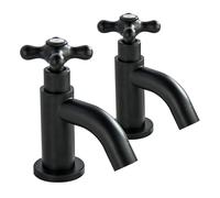 BAITUJIE Black Basin Bathroom Taps Pair, Modern Twin Bathroom Sink Pillar Tap Mono Cross Lever Two Holes Hot and Cold Water Faucets G1/2