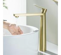 BAITUJIE Tall Basin Tap, Brushed Gold High Rise Bathroom Taps Tall Basin Sink Mixer Tap Single Handle Square Monobloc Taps