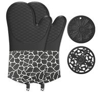 BAIWANT Silicone Oven Mitts, Double Oven Gloves Heat Resistant, Non-Slip BBQ Gloves Waterproof Kitchen Gloves 1 Pair and 2 Pot Holders for Kitchen Cooking Baking BBQ (Black)