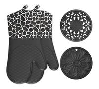 BAIWANT Silicone Oven Mitts, Heat Resistant Double Oven Gloves, Non-Slip Cooking Mitt Waterproof Kitchen Gloves 1 Pair and 2 Pot Holders for Kitchen Cooking Baking BBQ (Black)