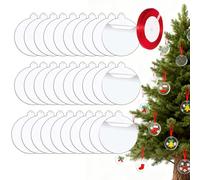 BAIYSFFG 30 Pcs 7.5cm Clear Acrylic Disc Ornaments,Christmas Bauble Round Christmas Ornaments with Red Ribbon,Flat Baubles for Craft, Clear Blank Acrylic Xmas Disc for Tree Party Hanging Decoration