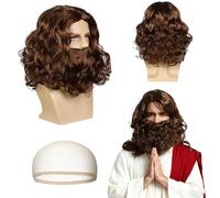BAIYSFFG Brown Curly Wig and Beard Set for Men, Vintage Long Wave Hair with Full Curly Facial Hair Kit, Halloween Party Dress Up Costume Accessories with Wig Cap