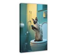 BAJHTGHG An Egyptian Cat Sits on The Toilet Looking at A Mobile Phone Canvas Poster Bedroom Decor Landscape Decor Gift 16x24inch(40x60cm)