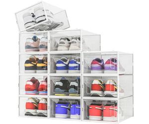 BAKAJI 12 x Shoe Boxes Stackable with Lids, Easy Assembly, Space-Saving Shoe Storage Box, Transparent Storage Box, Storage Box Organizer, (Set of 12, 33.5 x 23 x 14.5 cm)