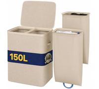 BAKAJI 2 Compartment Dirty Laundry Basket, Double Polyester Laundry Basket with Pull-Out Laundry Bags with Handles, Odour Proof Lid, 56 x 40 x 67 cm (Beige)