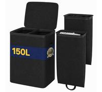 BAKAJI 2 Compartment Dirty Laundry Basket, Double Polyester Laundry Basket with Pull-Out Laundry Bags with Handles, Odour Proof Lid, 56 x 40 x 67 cm (Black)
