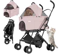 BAKAJI 2 in 1 Pet Stroller, Maximum Load 40 kg, Foldable and Space-Saving, Removable Capsule, Dog and Cat Pram with Removable Transport and Storage Basket (Pink)