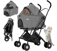 BAKAJI 2 in 1 Pet Stroller, Maximum Load 40 kg, Foldable and Space-Saving, Removable Capsule, Dog and Cat Pram with Removable Transport and Storage Basket (Grey)