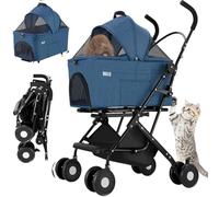BAKAJI 2 in 1 Pet Stroller, Maximum Load 40 kg, Foldable and Space-Saving, Removable Capsule, Dog and Cat Pram with Removable Transport and Storage Basket (Blue)