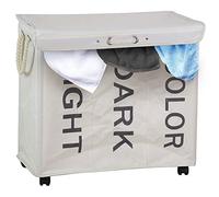 Bakaji 3 Compartment Dirty Laundry Basket 3 Spaces Oxford Fabric Folding Laundry Basket with Wheels and Handles Size 63 x 35 x 57 cm (Pan)