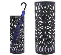 BAKAJI 8050534664911 Umbrella Stand Iron Door Design Round Shape Black with Petal Inlay Decoration Drip Saving Tray and Hook Folding Umbrellas, Metal, Unique
