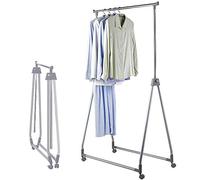 BAKAJI Adjustable Single Folding Stand in Steel and Hard Plastic, Telescopic Rods, with 4 Wheels, Shop Exhibition, Professional Clothes Hanger (Grey)